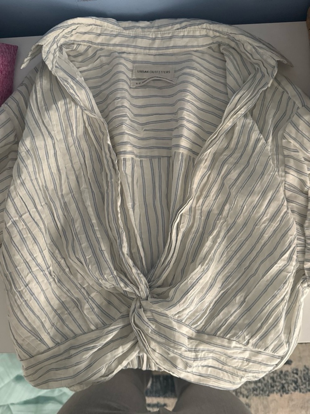 Urban Outfitters Cream & Blue Striped Knot-Front Button Down